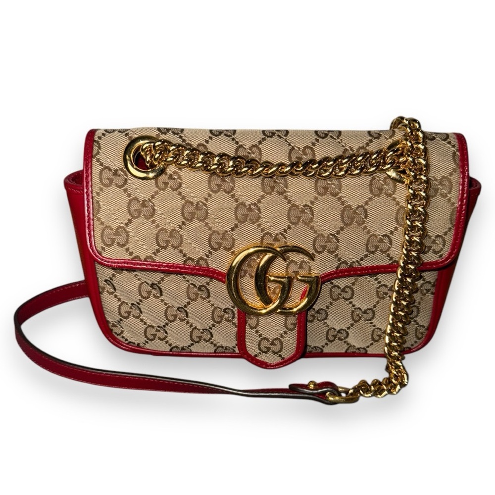 GUCCI GG Marmont Flap crossbody convertible Canvas with Red Leather bag​